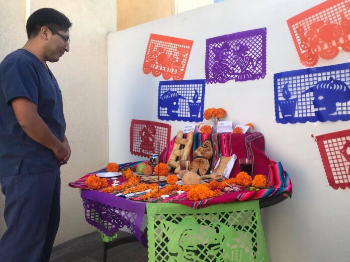 Alberto Quispe Fernández observa la mesa que reúne traidiciones de Todos los Santos de Bolivia y el Día de Muertos de México.